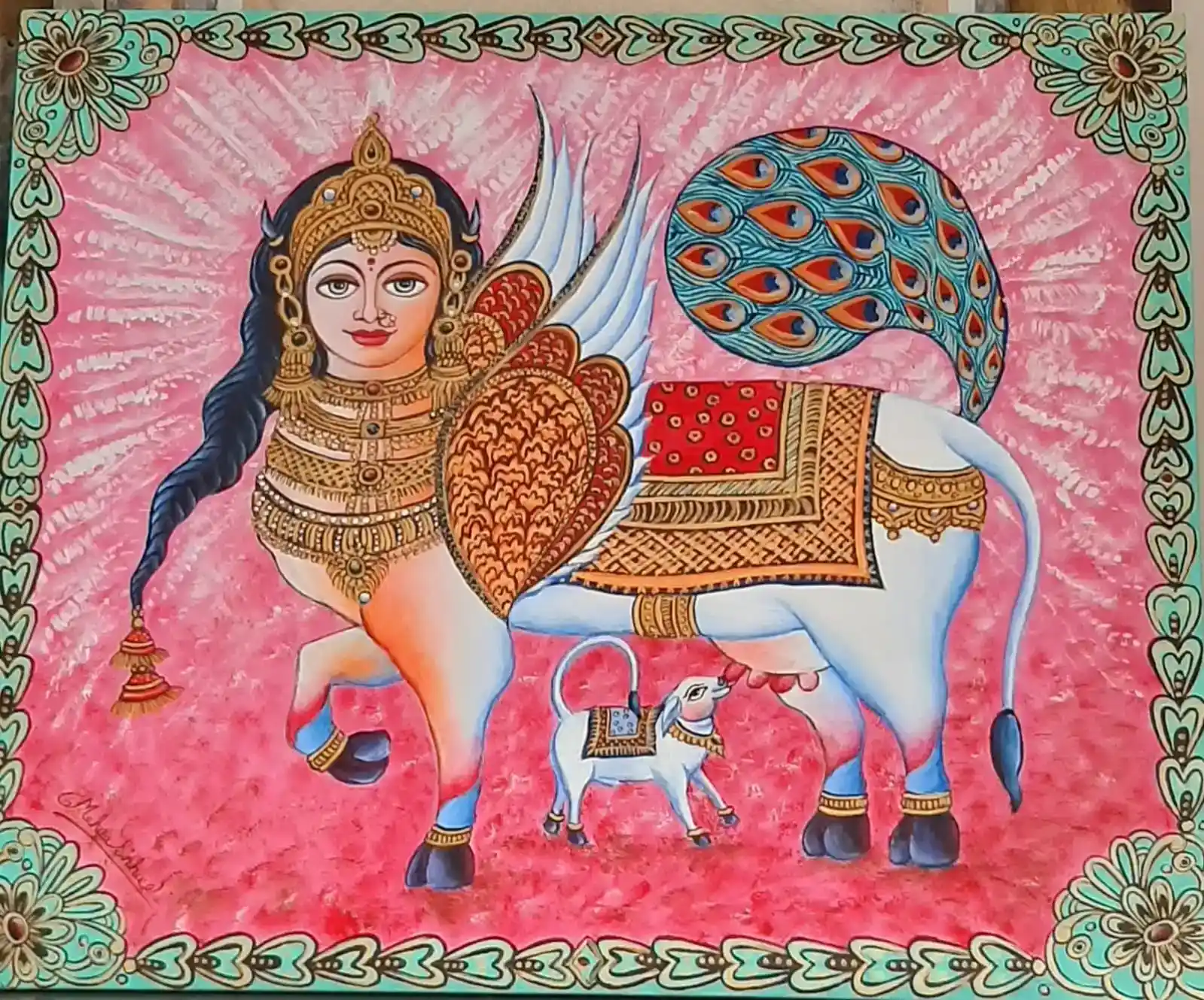 Kamdhenu, Acrylic Painting, Contemporary, Impressionism, Nature, Religious, Artwork, Handpainted, Art, Painting, VistaPallett